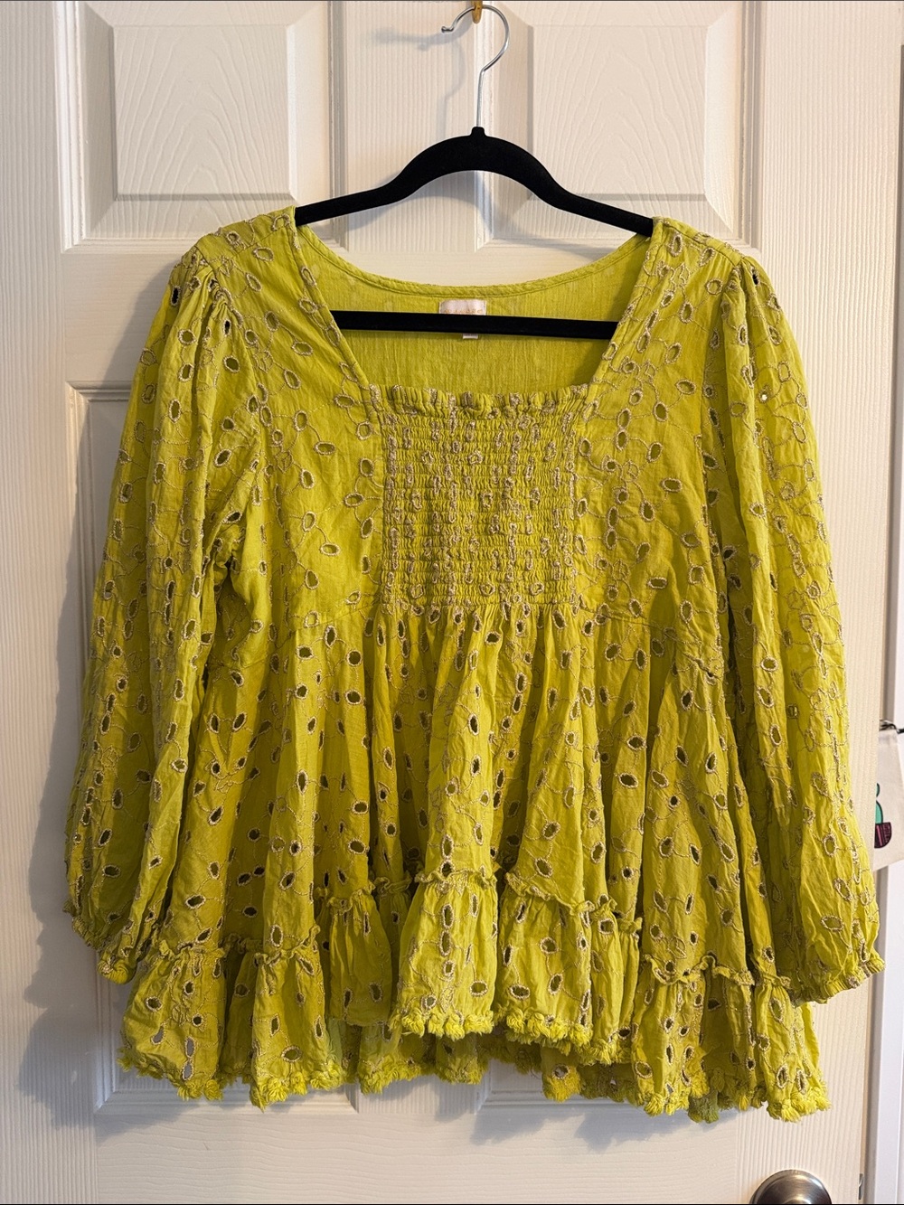 Smocked Square-Neck Eyelet Tunic in Lime Green